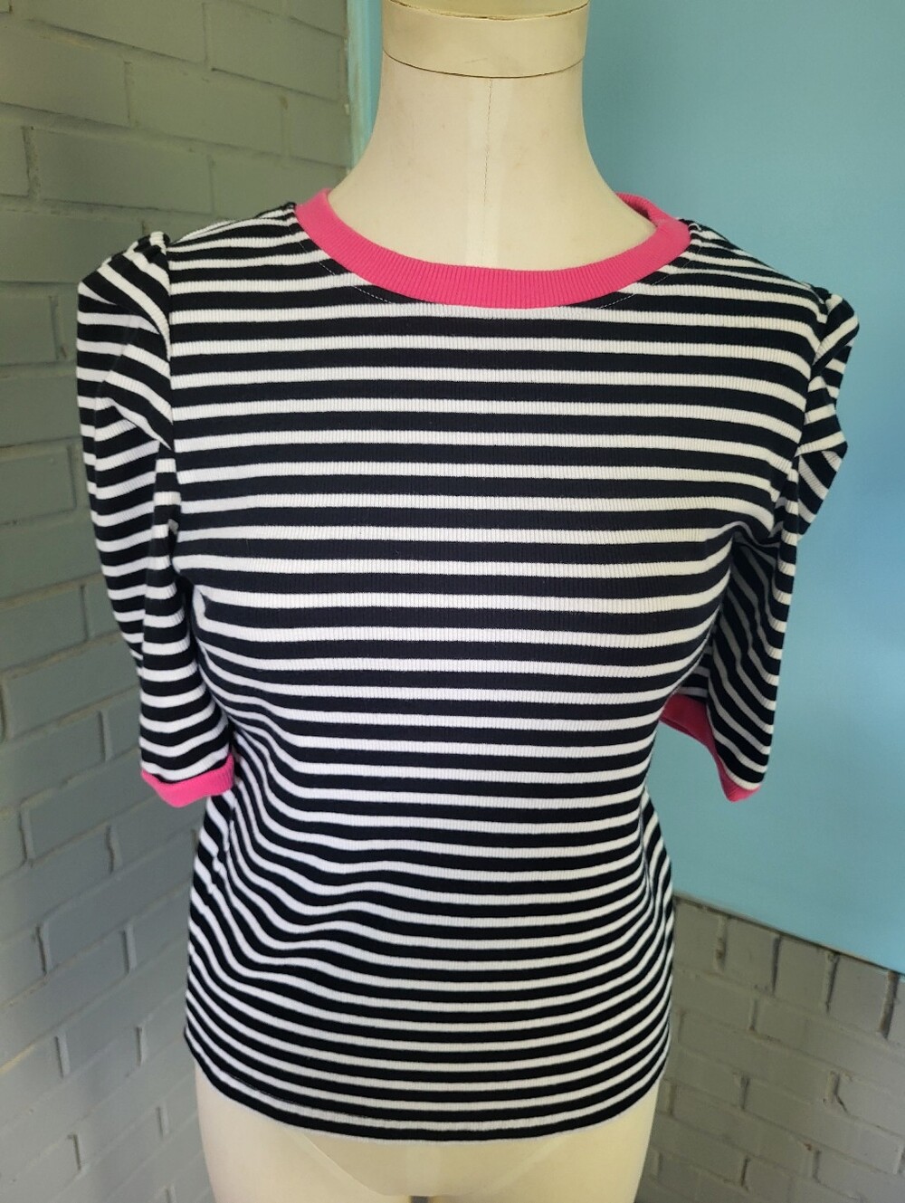 Rebecca Minkoff Black & White Striped Tee with Pink Trim